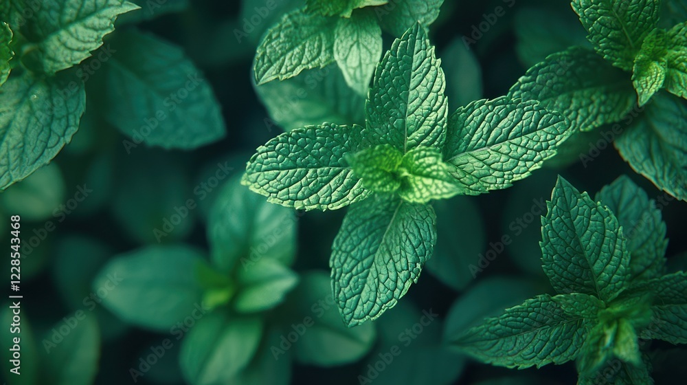 Fresh mint leaves growing densely in a garden, vibrant green background Fresh mint leaves growing densely in a garden, vibrant green background