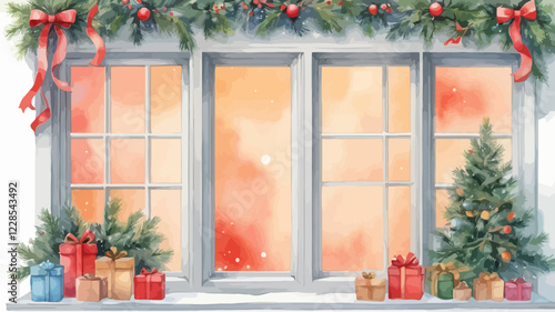 Christmas decorated window vector illustration in watercolor style.happy new year concept.