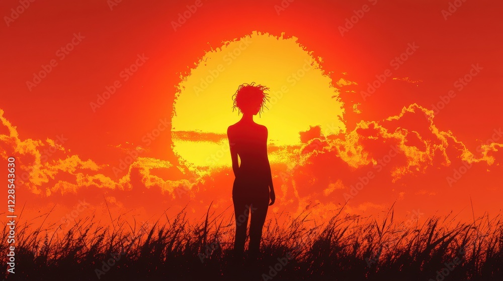 Silhouette of a woman against a vibrant sunset nature landscape outdoor inspirational Silhouette of a woman against a vibrant sunset nature landscape outdoor inspirational