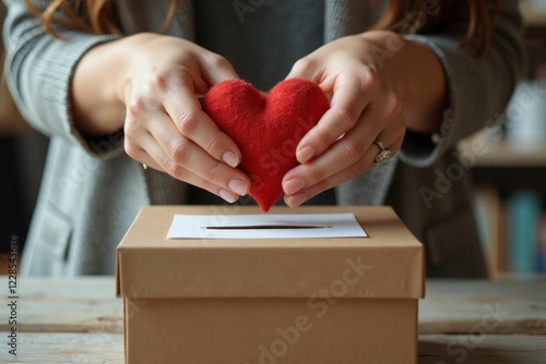 Woman gently places felt heart into donation box photo