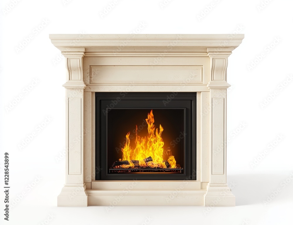 Naklejka premium Elegant cream marble fireplace with burning fire.