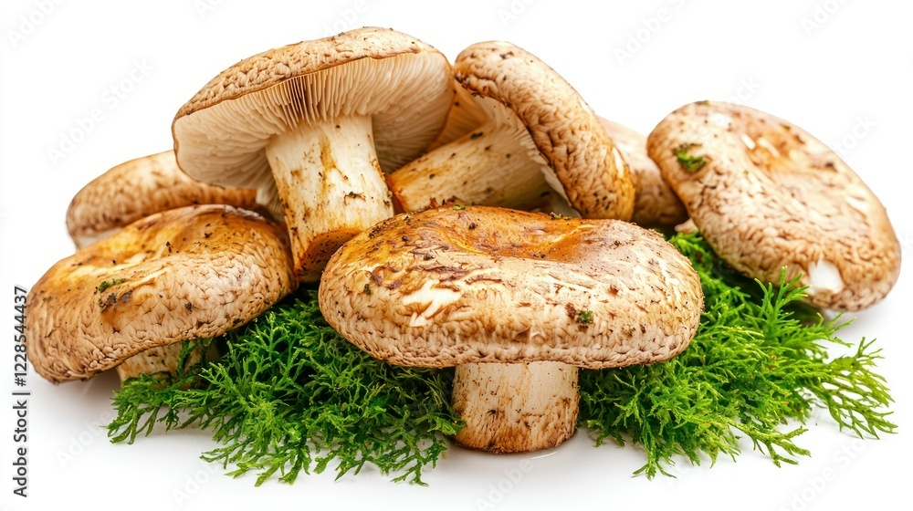 Fresh mushrooms on dill, isolated on white background Fresh mushrooms on dill, isolated on white background