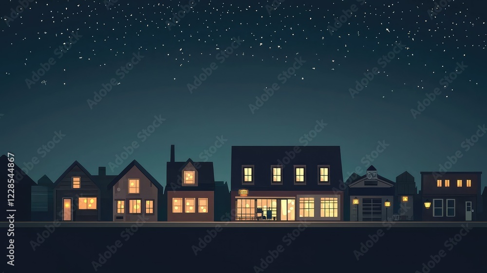 Fototapeta premium Nighttime Urban Scene with Illuminated Houses Under Starry Sky