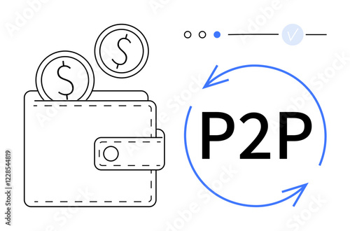 Digital wallet containing coins signifying peer-to-peer P2P transactions with circular flow arrows. Ideal for finance, digital payments, online transactions, mobile banking, cryptocurrency, financial