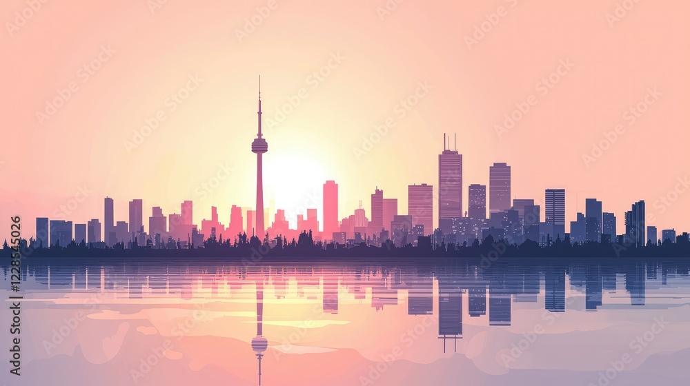 Obraz premium Vibrant Toronto Skyline Reflection at Sunset over Tranquil Water
