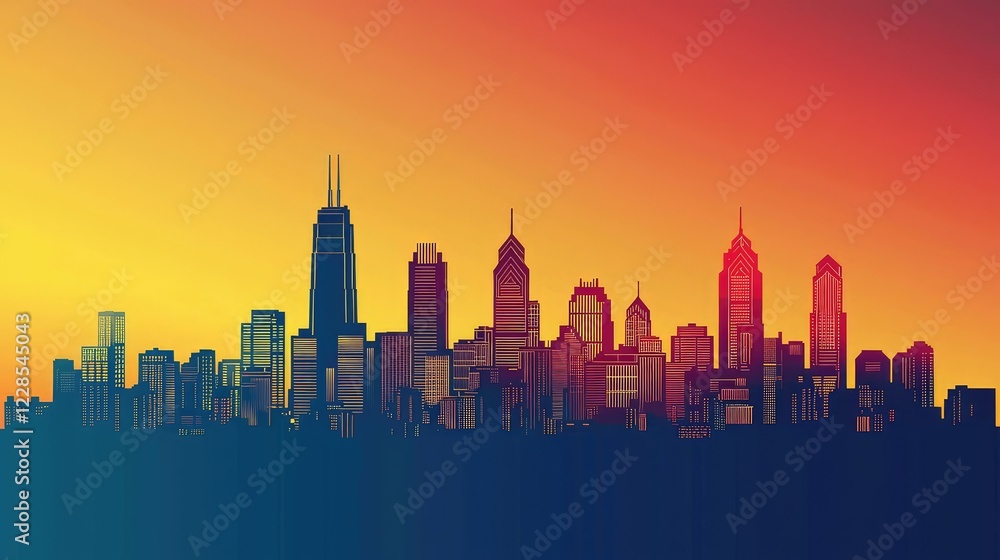 Fototapeta premium Vibrant Sunset Over City Skyline Illustration with Modern Architecture