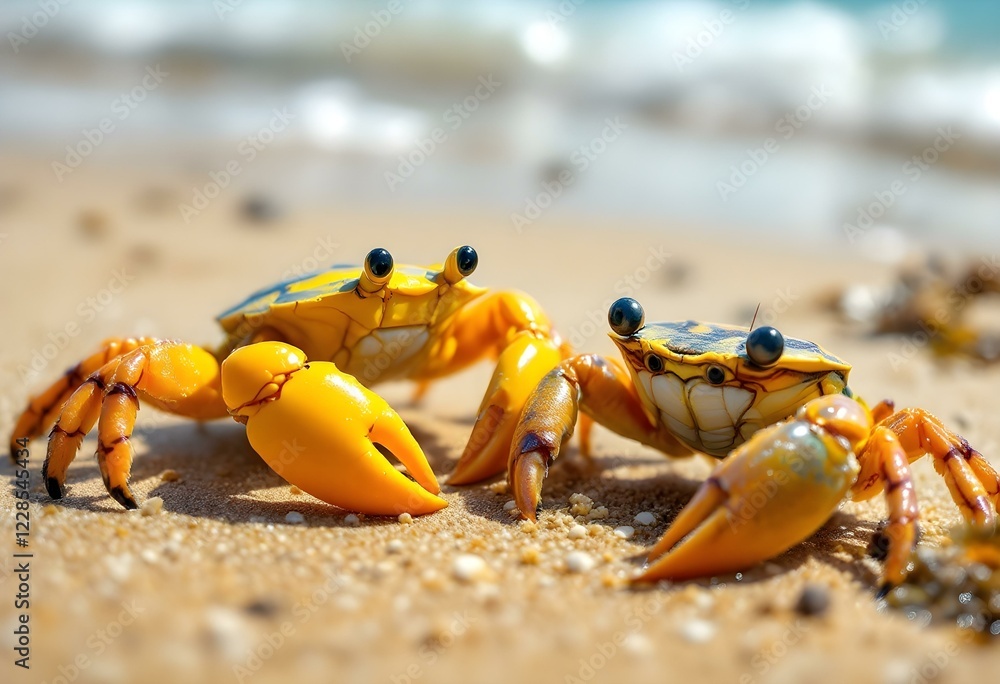 Fototapeta premium Adorable Yellow Crabs on Sandy Beach
