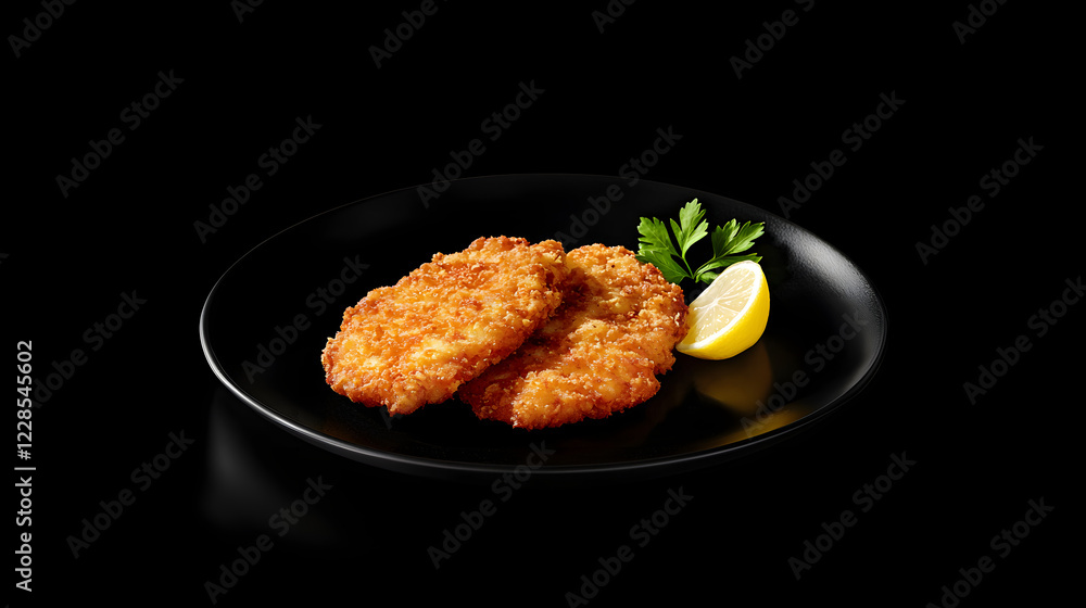Delicious Austrian Wiener Schnitzel on Elegant Black Plate Delicious Austrian Wiener Schnitzel on Elegant Black Plate