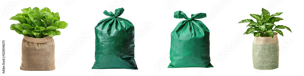 Fototapeta premium Collection of various green plants in bags showcasing eco friendly gardening and sustainable living concepts The image highlights the importance of environmental conservation and renewable resources