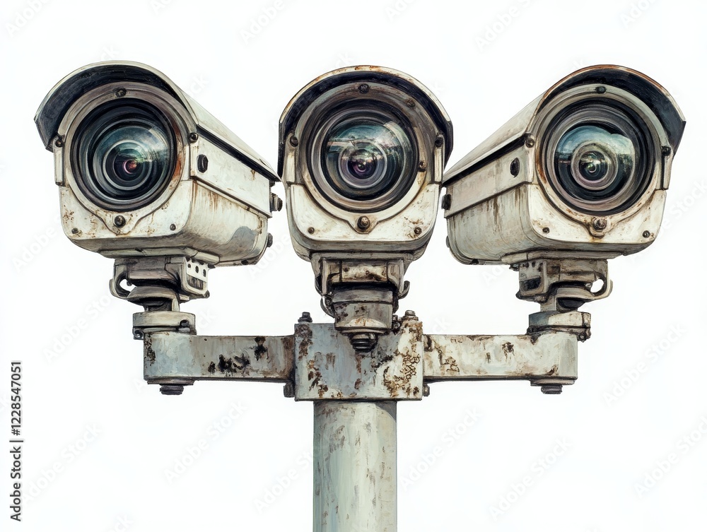 Three weathered security cameras mounted on a rusty pole against a white background. Three weathered security cameras mounted on a rusty pole against a white background.
