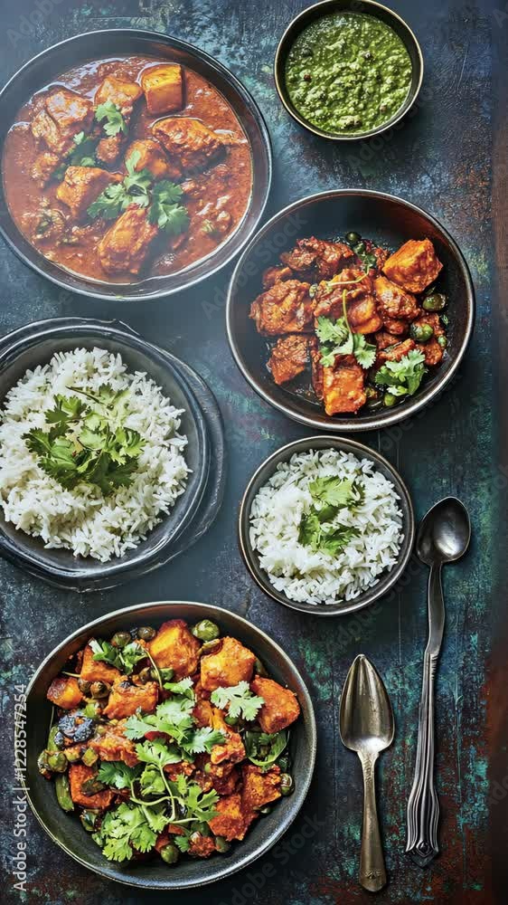 Delicious Indian curry dishes served with rice and chutney on a rustic table Delicious Indian curry dishes served with rice and chutney on a rustic table