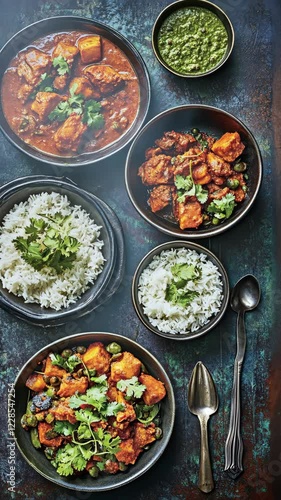 Delicious Indian curry dishes served with rice and chutney on a rustic table