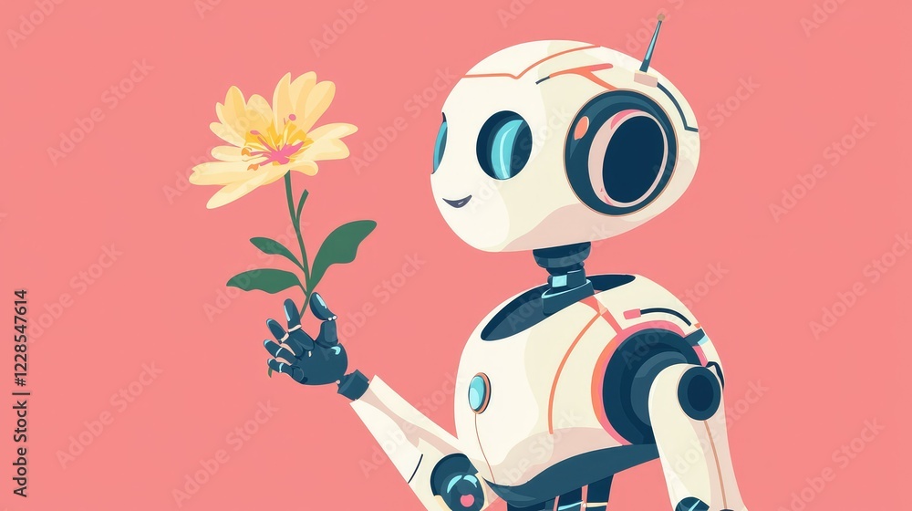 Friendly Robot Holding Flower in a Colorful and Playful Style Friendly Robot Holding Flower in a Colorful and Playful Style