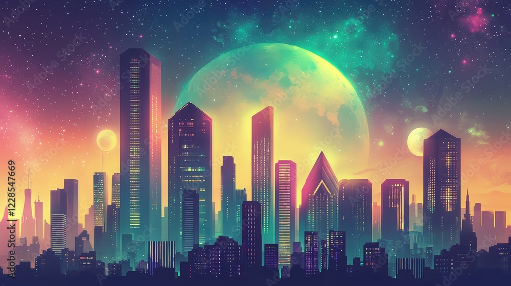 Vibrant Futuristic Cityscape with Cosmic Background at Dusk Vibrant Futuristic Cityscape with Cosmic Background at Dusk
