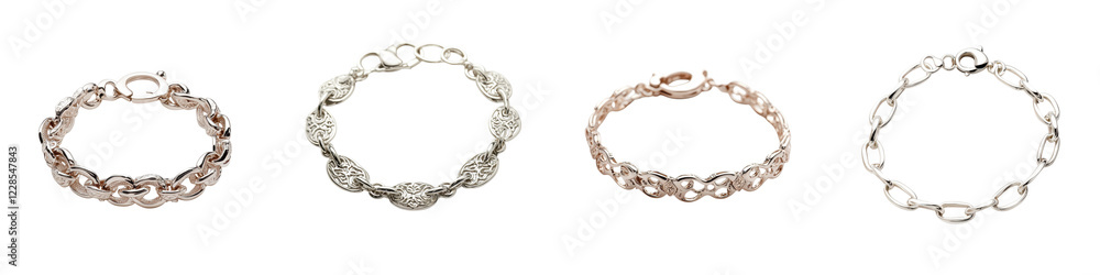A collection of exquisitely designed metallic bracelets featuring a variety of styles including chain link weave and charm details in silver gold and copper finishes