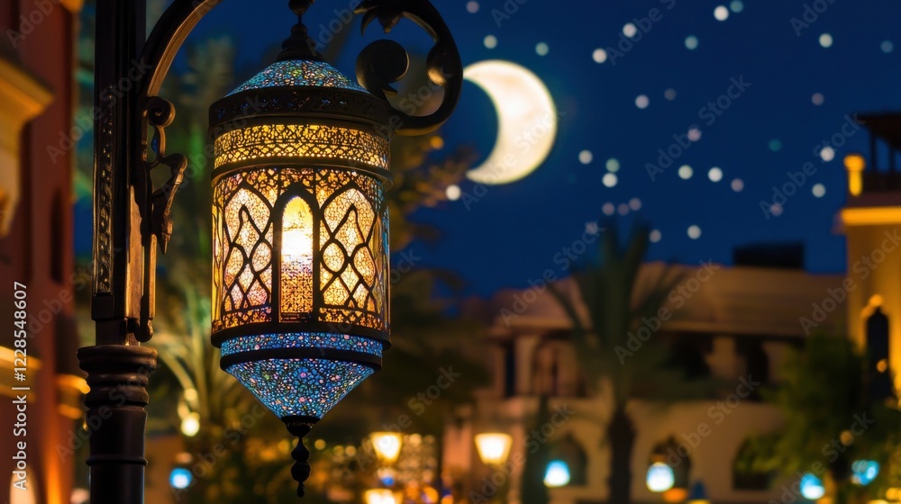 Obraz premium Colorful Lantern with Stars and Moon in Night Sky