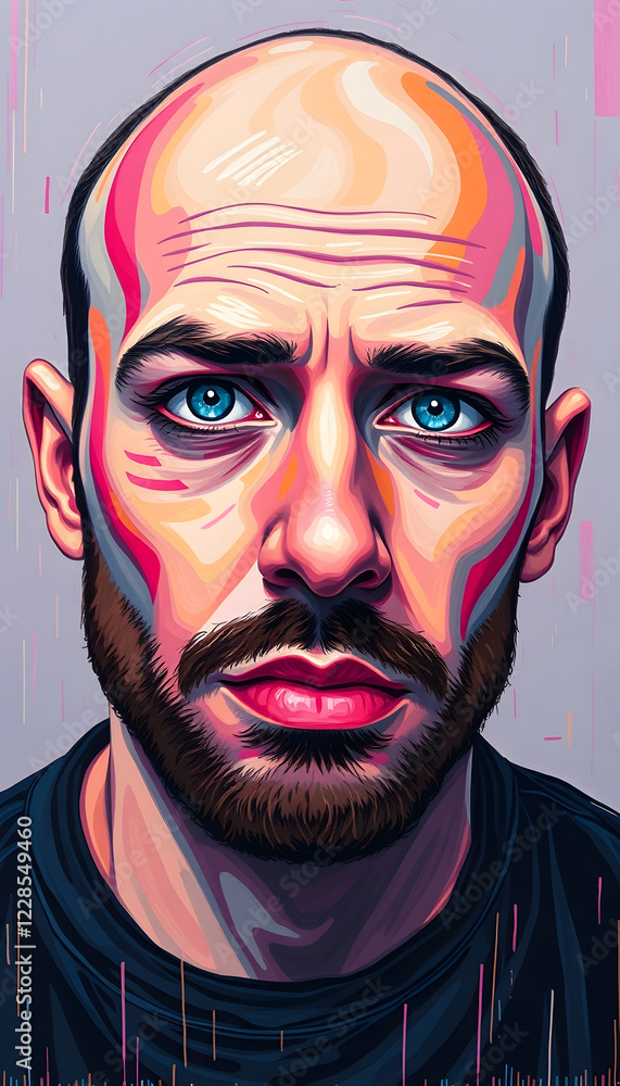 Portrait of a man with a bald head and expressive blue eyes, wearing colorful artistic makeup, showcasing self-expression, creativity, and unique identity Portrait of a man with a bald head and expressive blue eyes, wearing colorful artistic makeup, showcasing self-expression, creativity, and unique identity