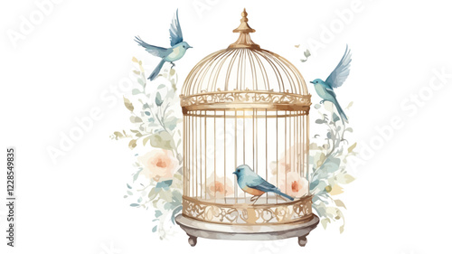 Delicate brushstrokes create a stunning watercolor representation of an elegant birdcage resting on a graceful base. The cage features ornate details and a small bird perched on top. Very good