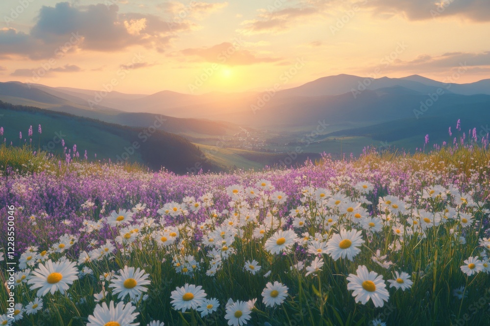 Obraz premium Meadow with white daisies at sunrise in countryside