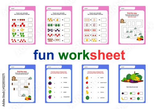 Fun kids worksheets for kindergarten or preschool. Children can recognize colors, learn tracing, counting, and writing