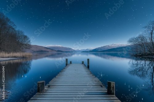 Wooden pier stretching into a tranquil lake under a starry night sky photo