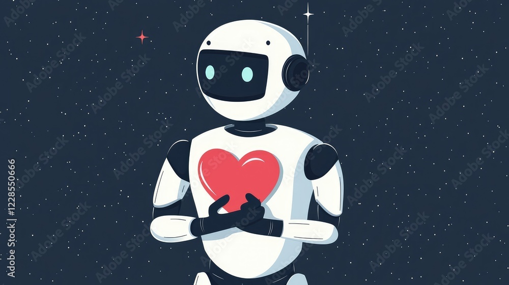 Fototapeta premium Cute Robot Character with Heart Emotion in Cosmic Background