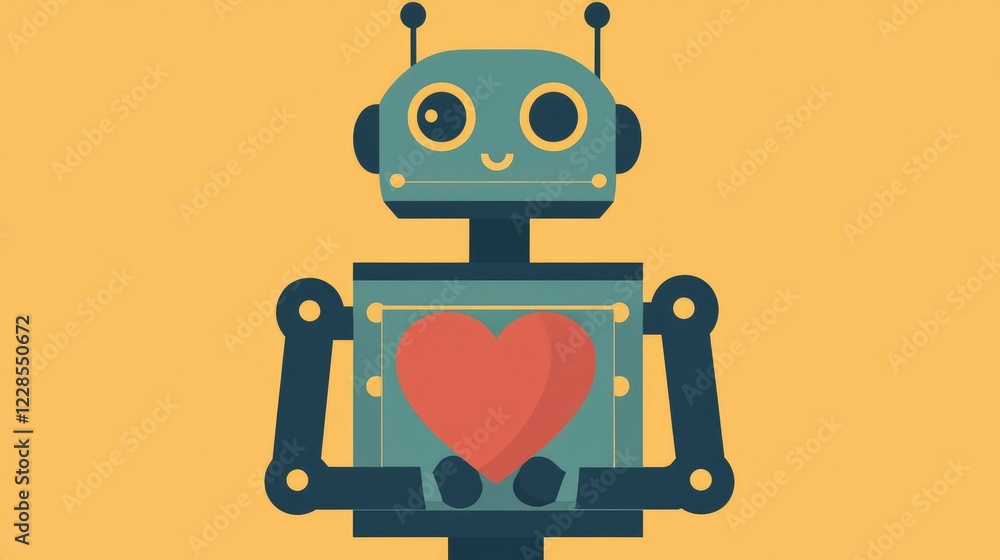 Naklejka premium Cute Robot Holding Heart on Bright Yellow Background Artwork
