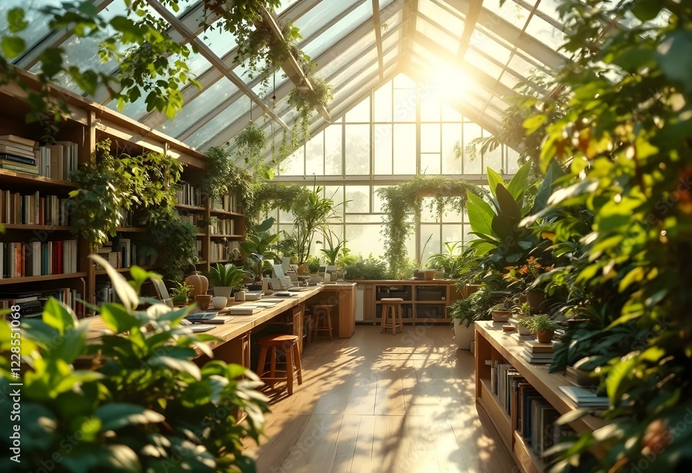Sunlit Greenhouse Workspace with Lush Plants and Bookshelves Sunlit Greenhouse Workspace with Lush Plants and Bookshelves