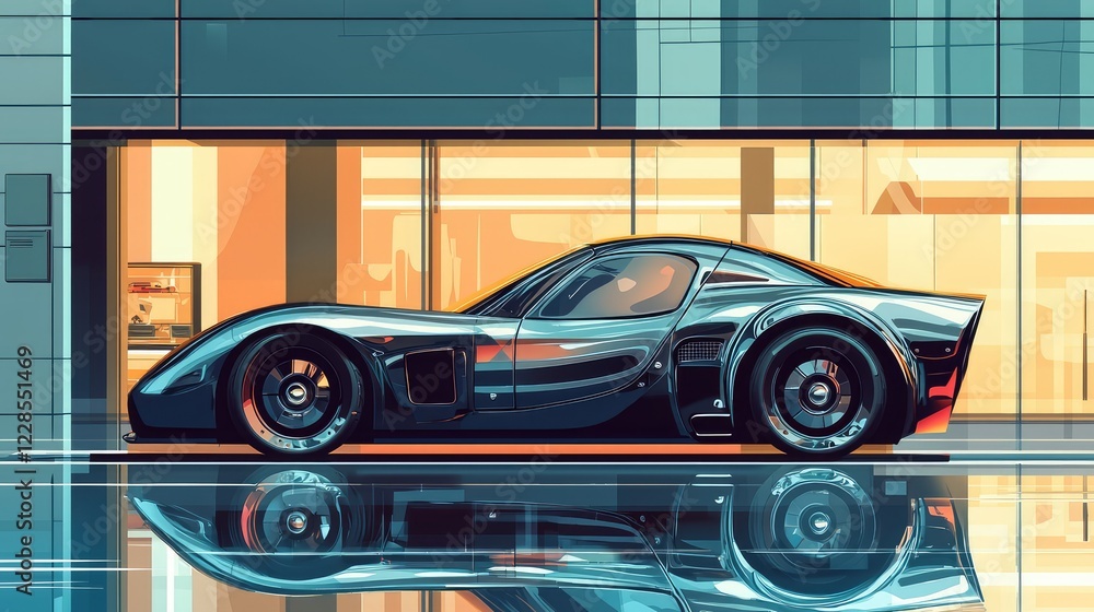Fototapeta premium Sleek Modern Sports Car Reflecting on Urban Street Architecture