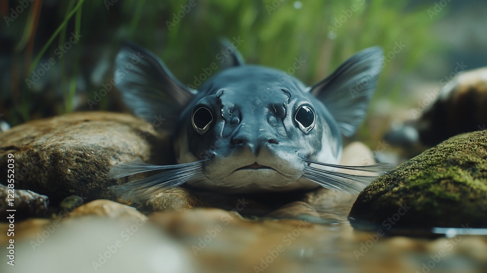Close-up of a Freshwater Catfish resting on rocks underwater, showcasing its whiskers and big eyes Close-up of a Freshwater Catfish resting on rocks underwater, showcasing its whiskers and big eyes
