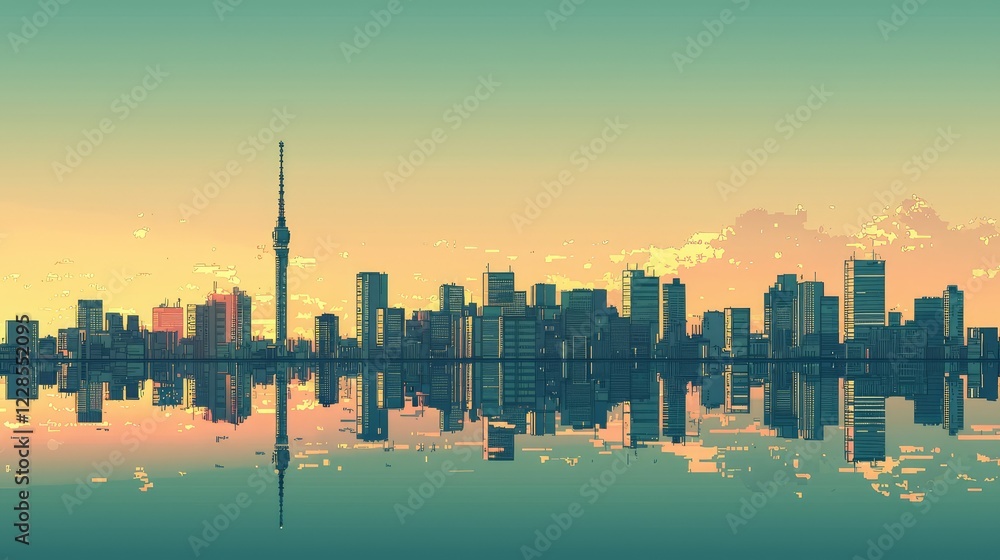 Obraz premium Vibrant City Skyline with Tower Reflection at Sunset in Pastel Tones