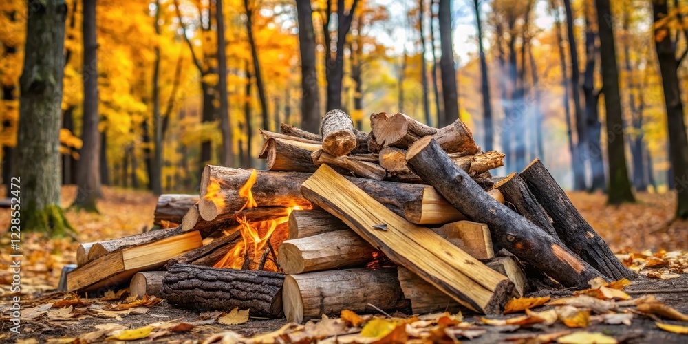 A pile of chopped firewood with a few charred logs in the background, surrounded by autumnal leaves and branches , nature, forest A pile of chopped firewood with a few charred logs in the background, surrounded by autumnal leaves and branches , nature, forest