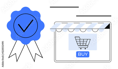 Shopping cart on e-commerce website screen next to a blue checkmark badge ribbon. Ideal for online shopping, e-commerce, quality assurance, consumer trust, digital retail, verified services, purchase