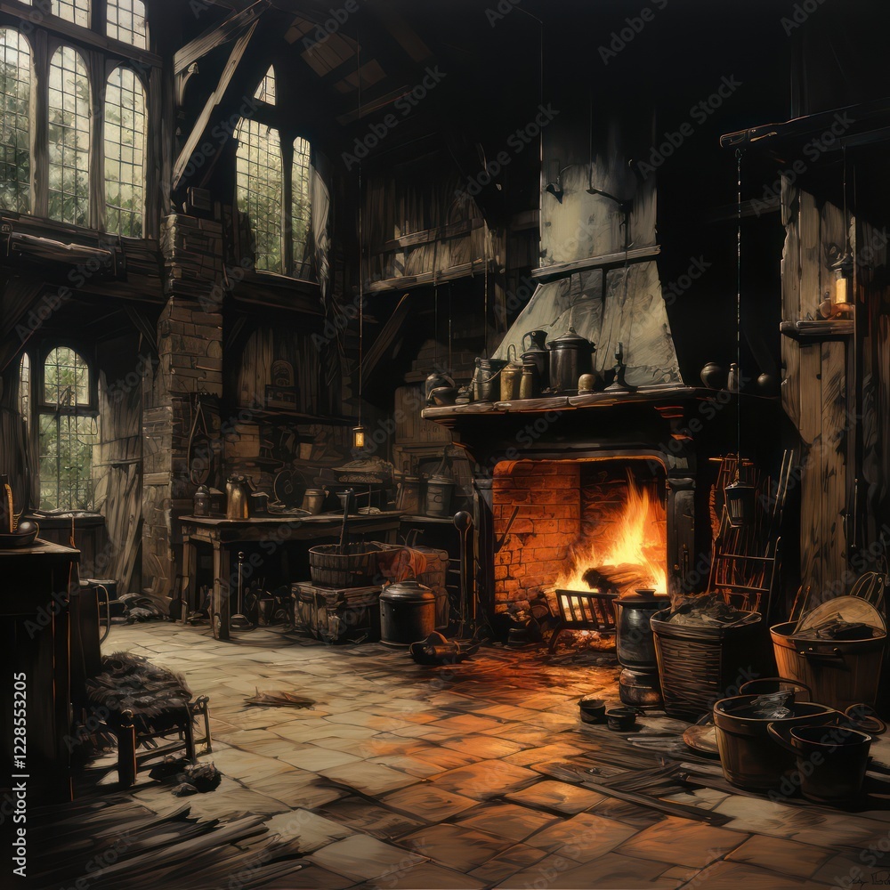 Cozy and Rustic Fireplace Scene in an Old Workshop By Generated AI Cozy and Rustic Fireplace Scene in an Old Workshop By Generated AI