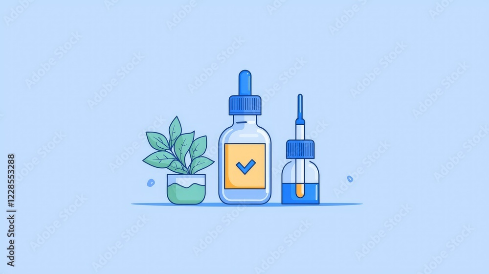 Nature Inspired Wellness with Bottles and Leaf on Blue Background Nature Inspired Wellness with Bottles and Leaf on Blue Background