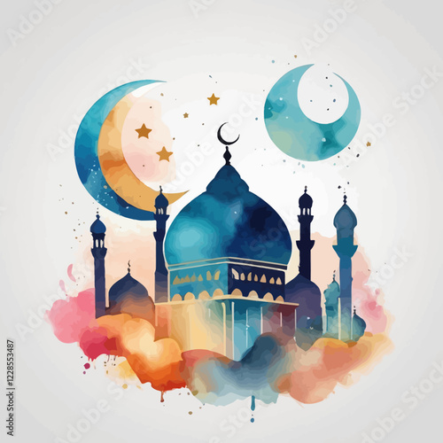 Ramadan Kareem watercolor illustration, Islamic Ramadan Kareem greetings vector