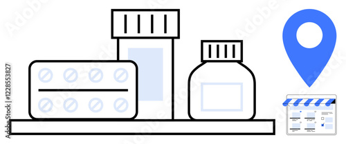 Pills and medicine bottles on shelf with blue location marker highlighting a pharmacy storefront. Ideal for healthcare, pharmacy services, online shopping, delivery, medication, pharmaceuticals