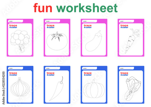 Fun kids worksheets for kindergarten or preschool. Children can recognize colors, learn tracing, counting, and writing