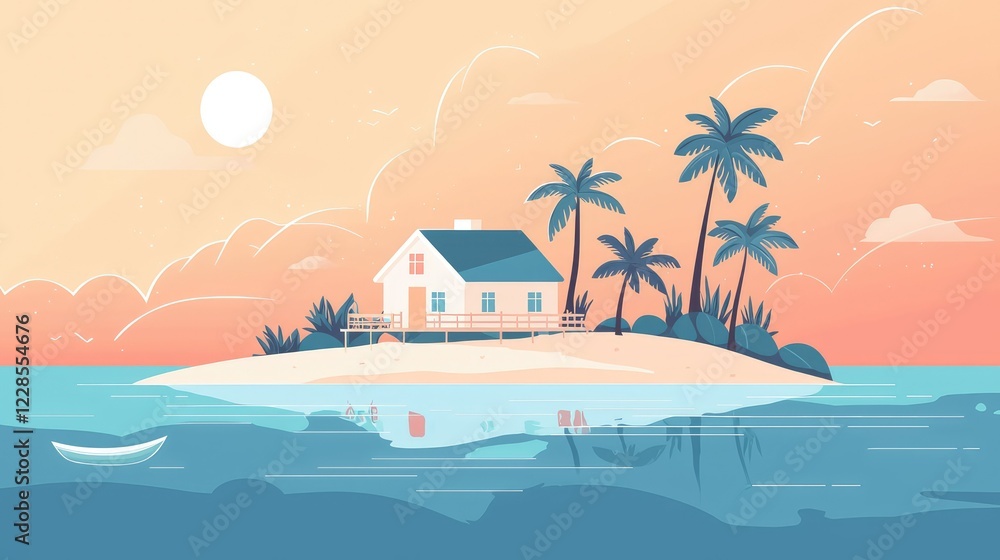 Obraz premium Serene Beach House on Tropical Island with Calm Water Background