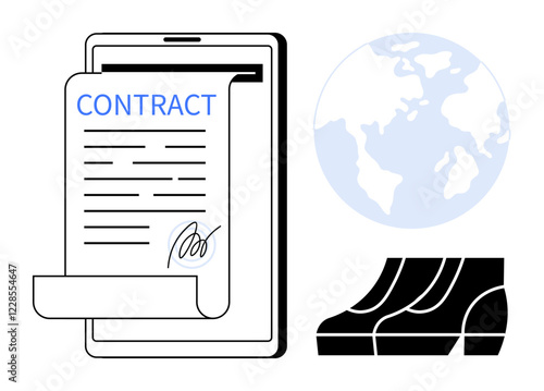 Digital contract emerging from tablet screen, globe indicating international reach, ascending bar graphs for growth. Ideal for business, digital transformation, global connections, contracts