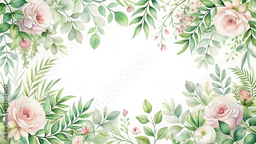 Watercolor wedding invitation card with delicate floral patterns and lush greenery leaves, set against a soft white background , wedding, watercolor