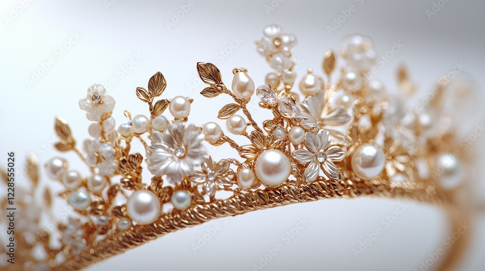 Fototapeta premium Gold, pearl floral crown on white background, soft focus backdrop