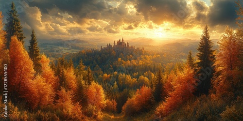 Aerial View of Vibrant Autumn Forest with Rolling Hills and Rytro Castle in Poprad River Valley Poland photo