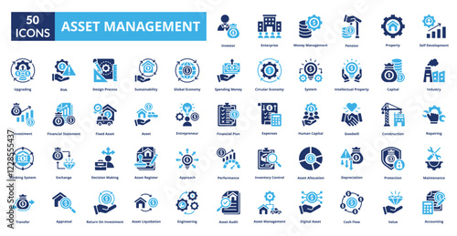 Asset management fill icon collection set. Includes Asset Management, Property, Wealth, Asset, Finance, Investment, Portfolio, Resources, Ownership, Risk, Security, Capital, Growth, Planning