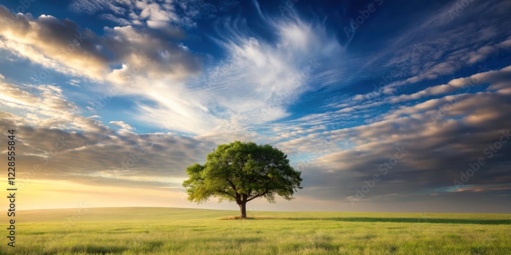 Fototapeta premium A serene landscape with a solitary tree standing tall amidst a vast, empty sky, quiet contemplation, calmness