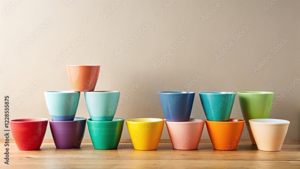 A vibrant collection of colorful ceramic bowls arranged in a visually appealing pattern on a wooden surface against a neutral backdrop. A vibrant collection of colorful ceramic bowls arranged in a visually appealing pattern on a wooden surface against a neutral backdrop.