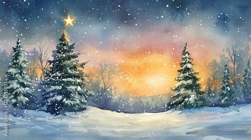 Watercolor painting of a snowy forest scene with christmas trees and a star at the top of the main tree