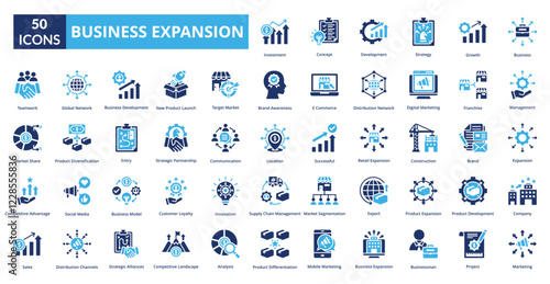 Business expansion fill icon collection set. Includes Business Expansion, Growth, Advancement, Scaling, Market, Development, Globalization, Investment, Success, Expansion Strategy, Increase