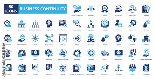 Business continuity fill icon collection set. Includes Business Continuity, Productivity, Teamwork, Stability, Risk Management, Strategy, Operations, Resilience, Disaster Recovery, Planning, Workflow