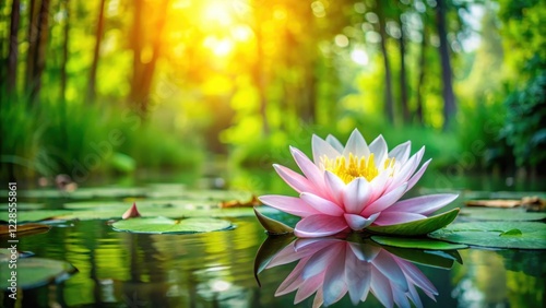A serene water lily pond with a majestic lotus flower floating on its surface surrounded by lush greenery and vibrant aquatic plants, peaceful, aquatic plant